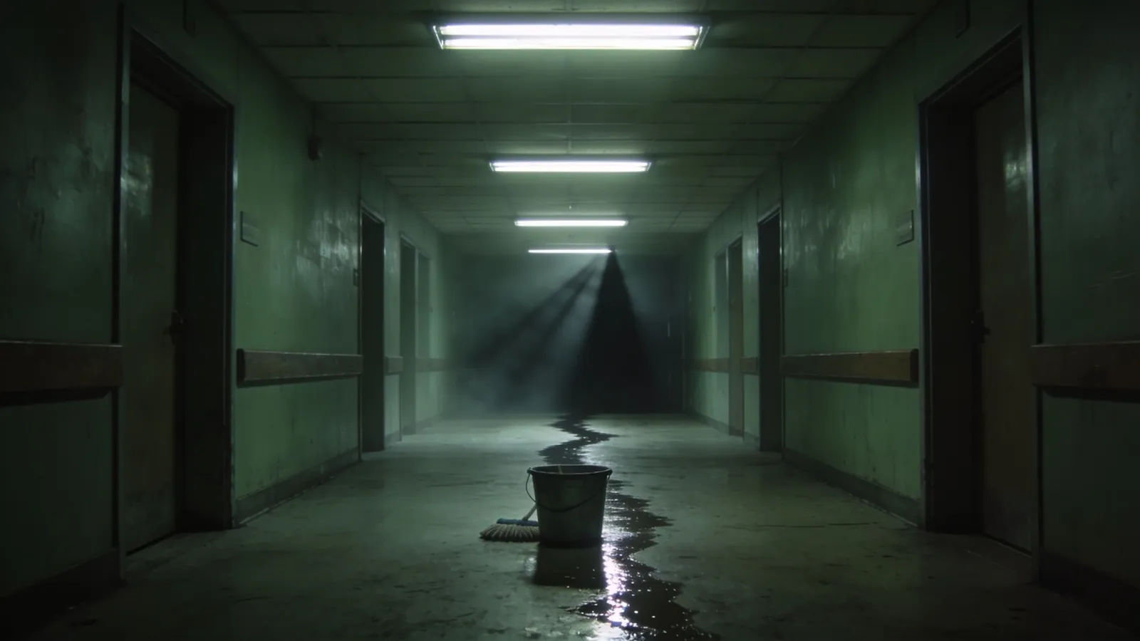Empty institutional hallway at night with mop bucket