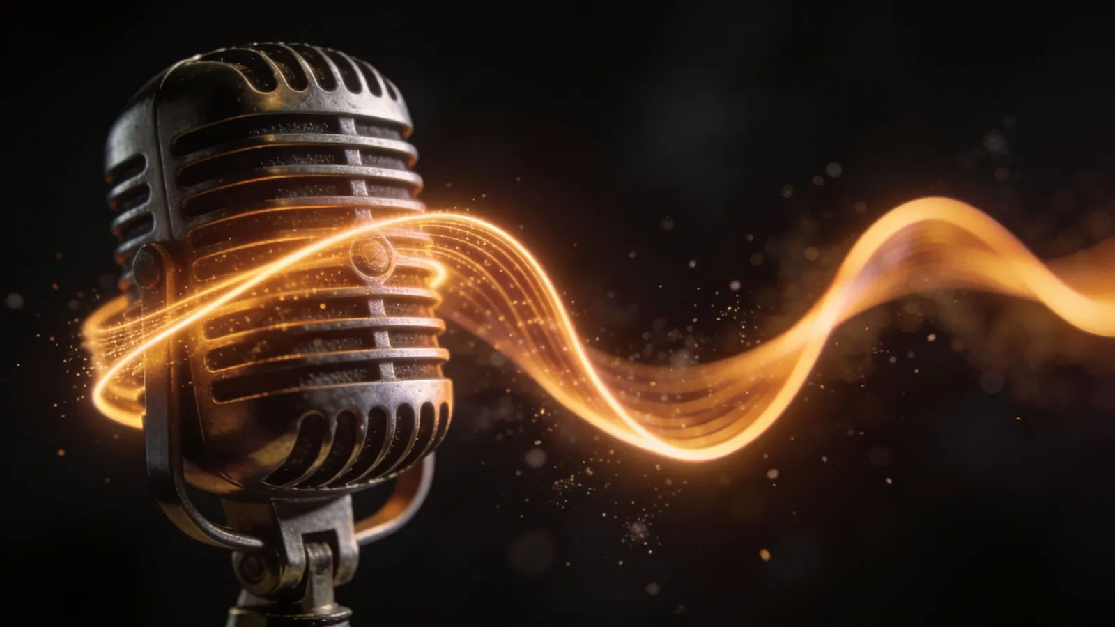 Studio microphone wrapped in glowing amber waveform