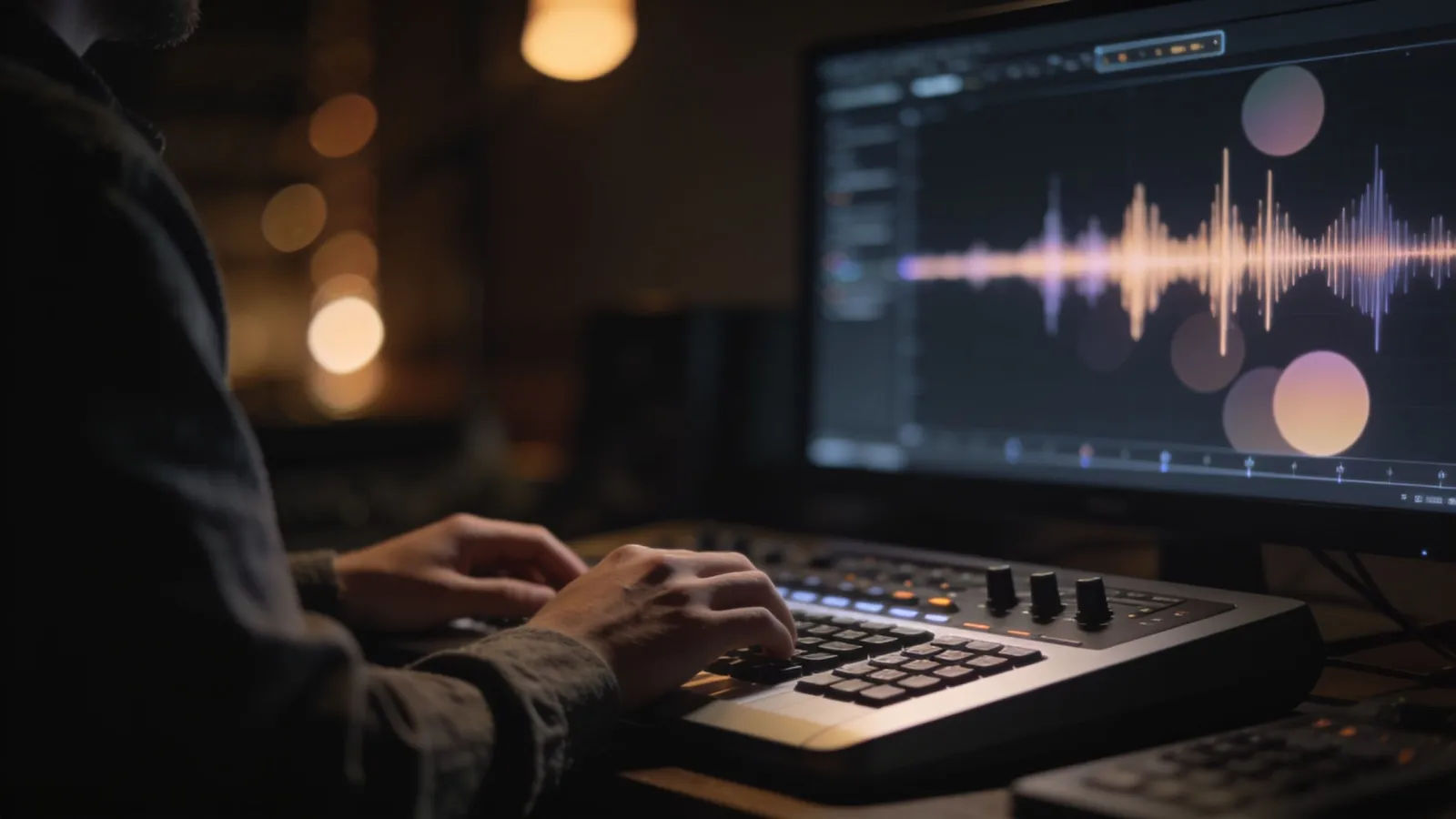 Hands at a console with abstract audio interface
