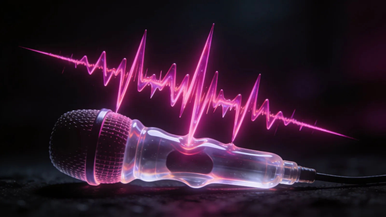 Jagged magenta waveform over dim microphone