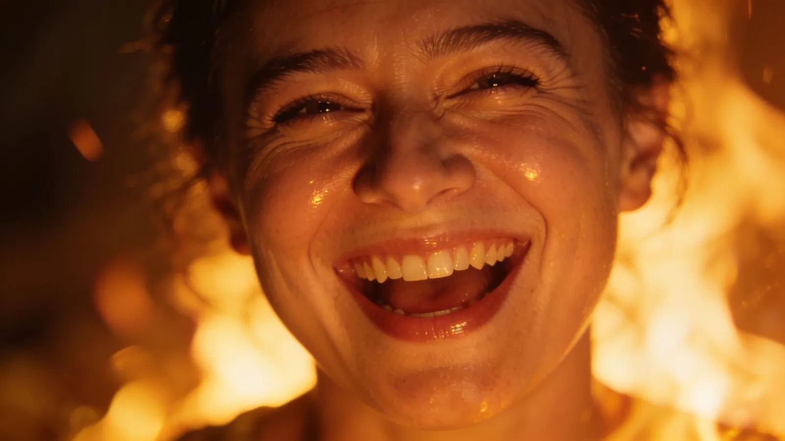 Beaming jovial character mid-laugh in golden firelight