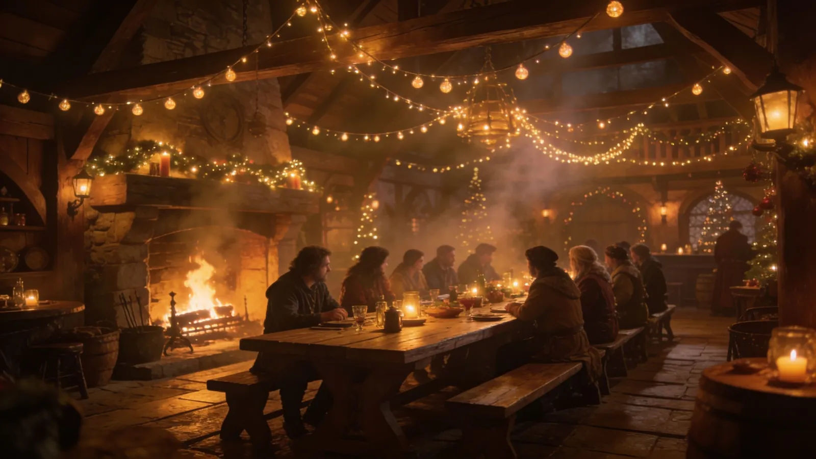 Festive warmly lit tavern interior with glowing lights