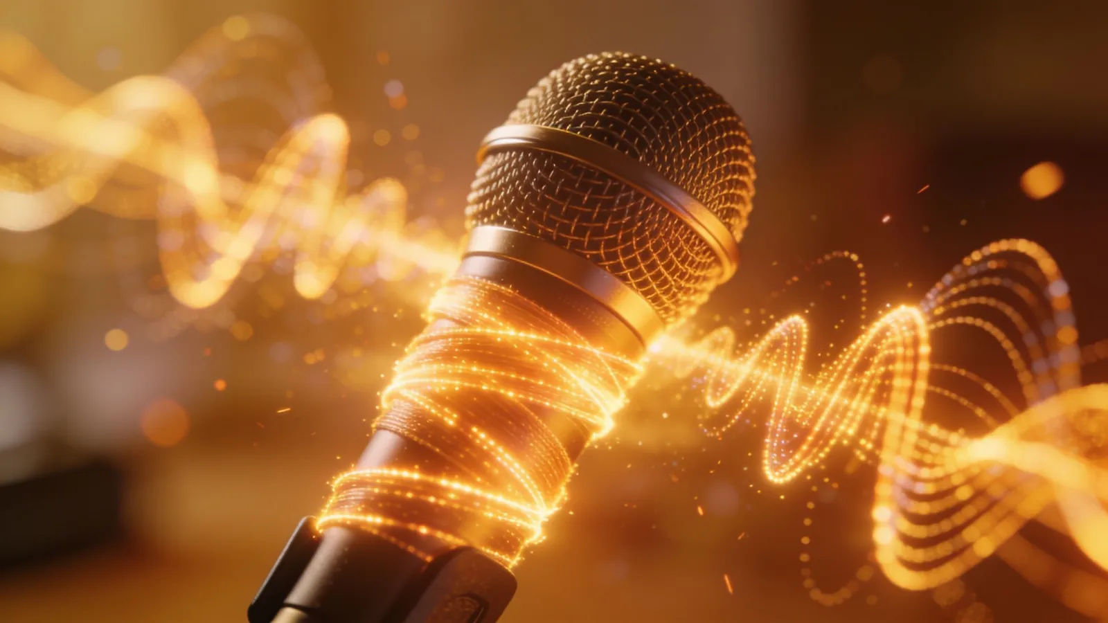 Microphone wrapped in warm light with bouncing waveform