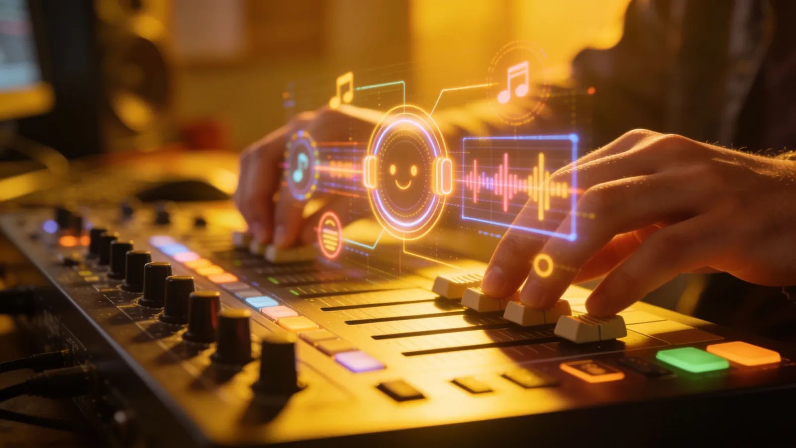Hands at a bright console with cheerful audio interface