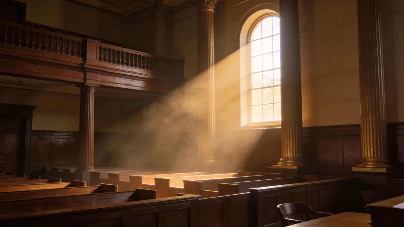 Solemn empty courtroom with shaft of dawn light
