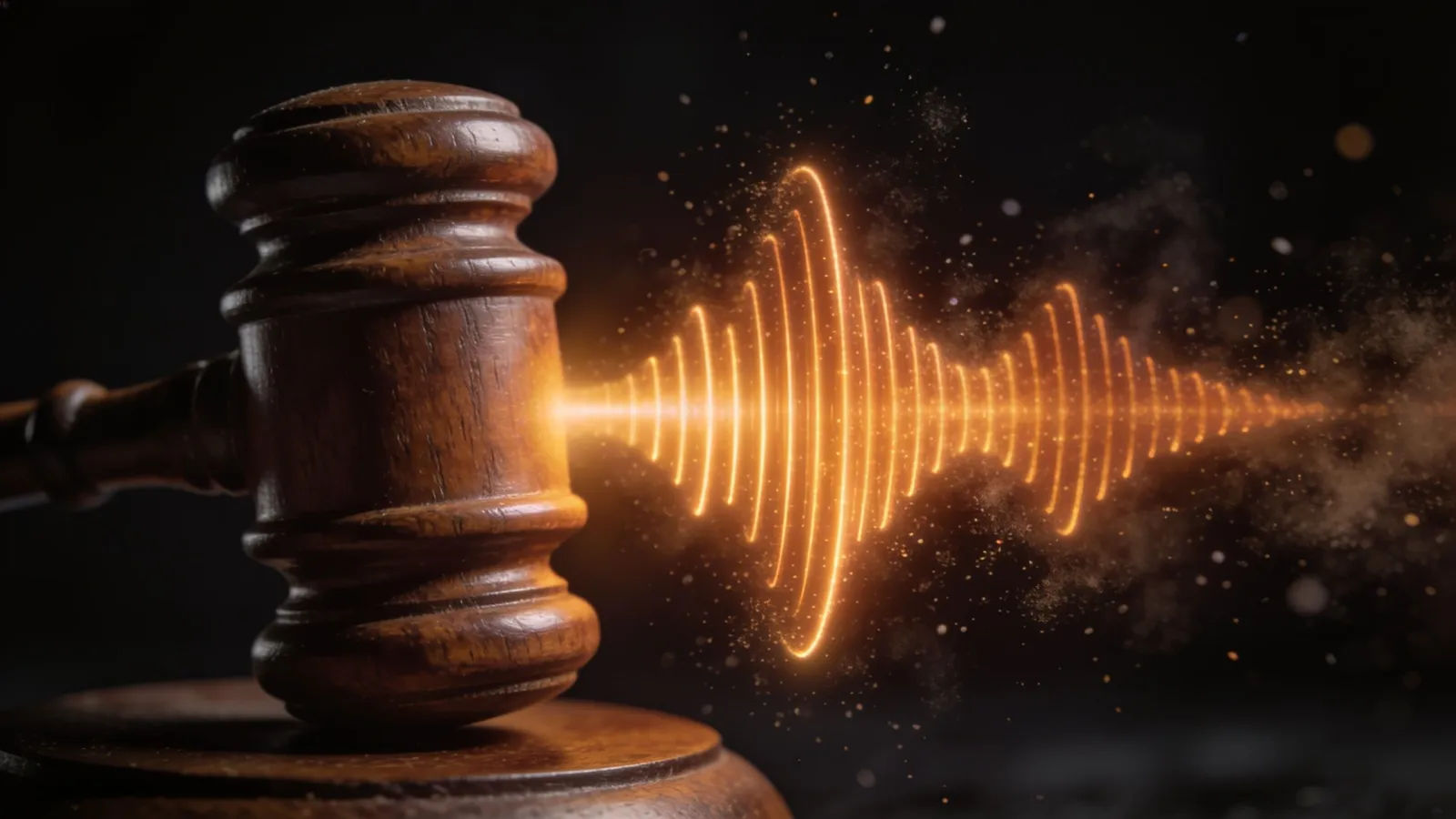 Wooden gavel beside glowing amber soundwave