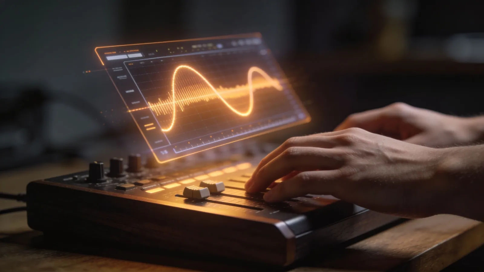 Hands at dark console with amber waveform interface