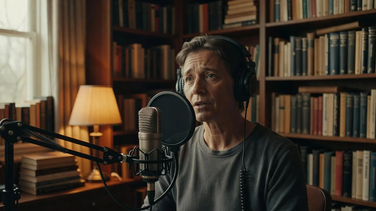 Audiobook narrator reading at a microphone in a warm studio