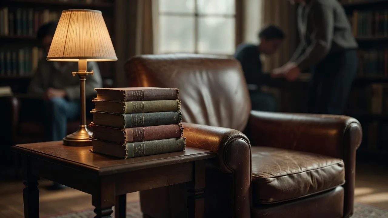 Stack of novels beside a softly lit reading lamp