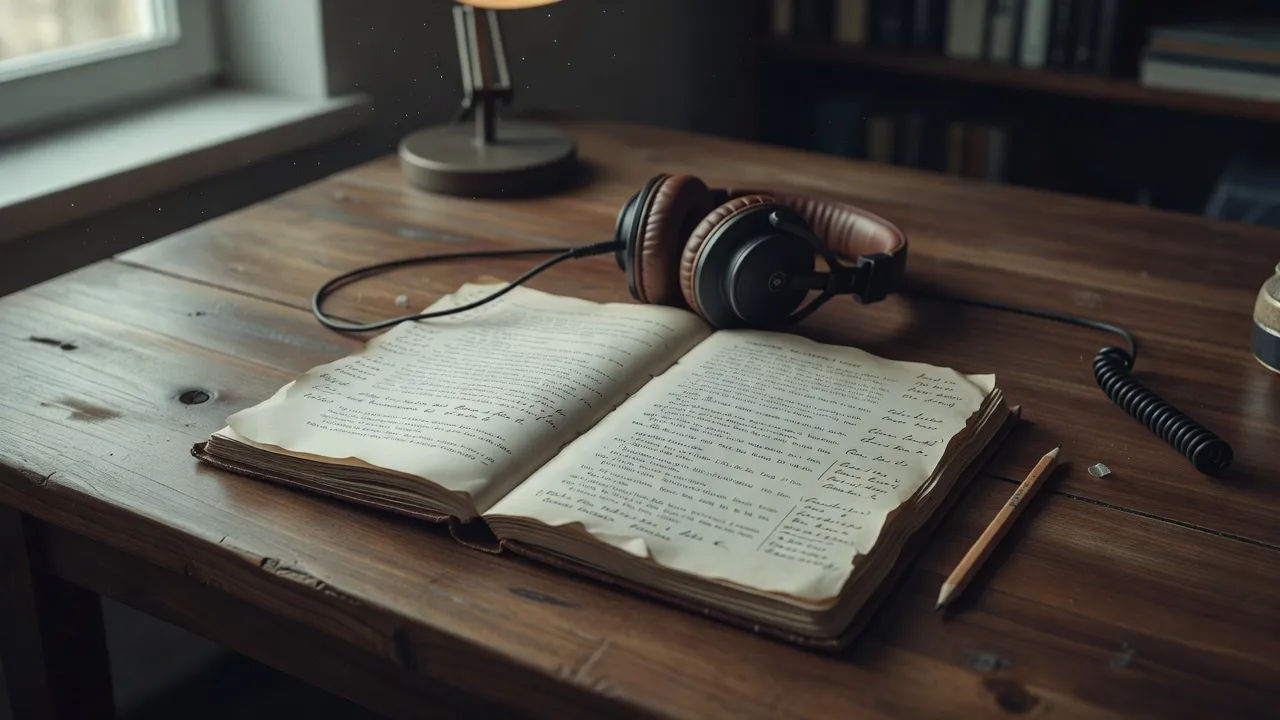 Open manuscript pages on a desk with headphones