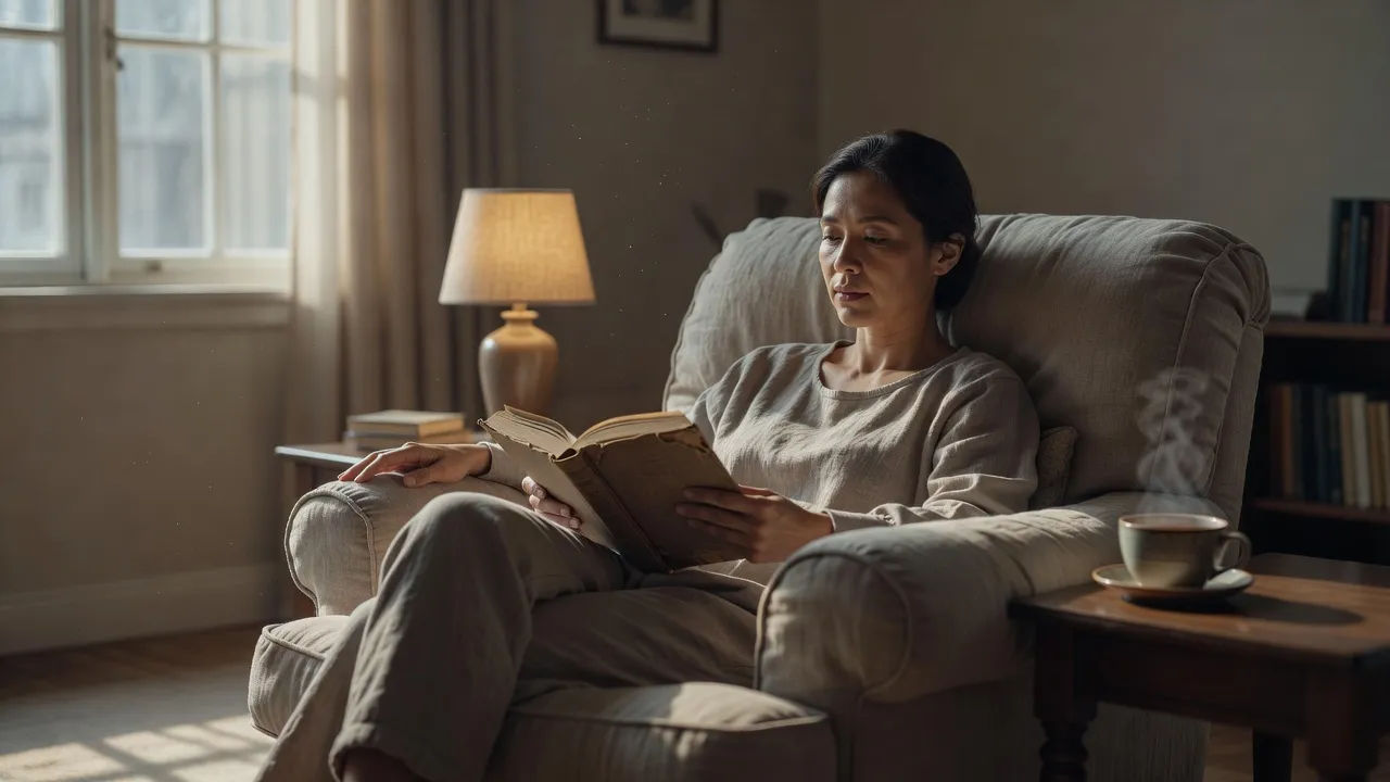 Reader settling into an armchair with an open book