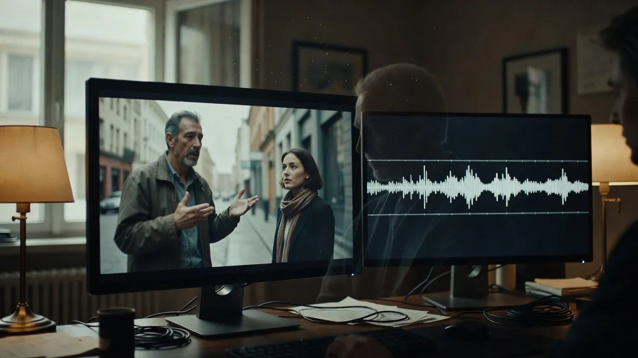 Documentary footage on a monitor with an audio waveform