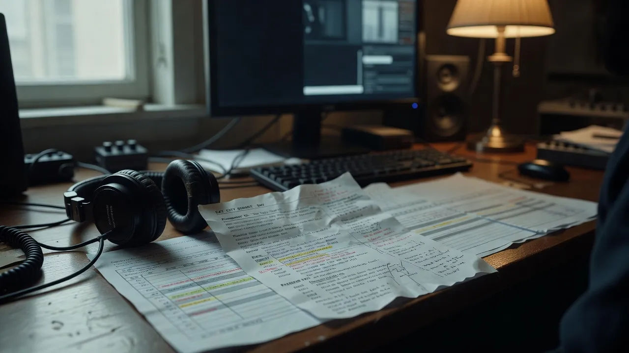 Narration script marked up beside an editing timeline