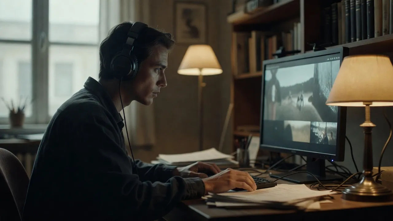 Editor reviewing footage with narration in headphones