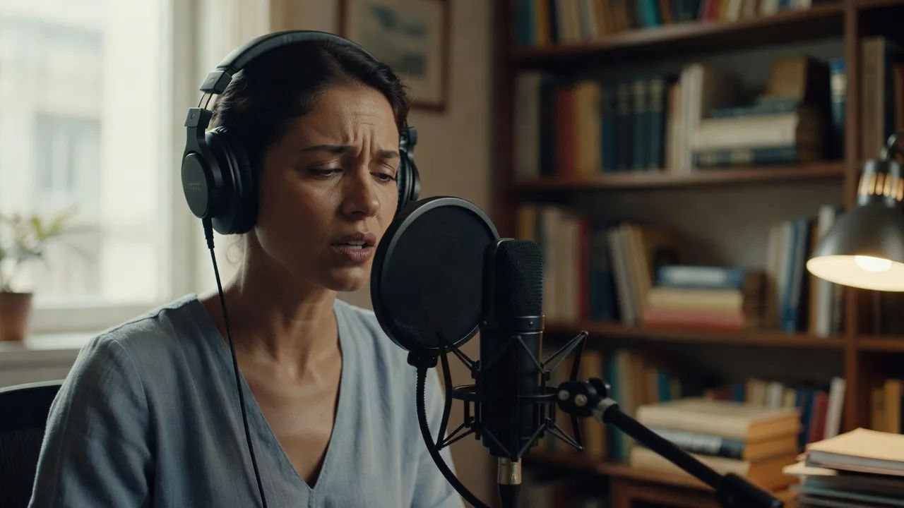 Female narrator reading at a studio microphone