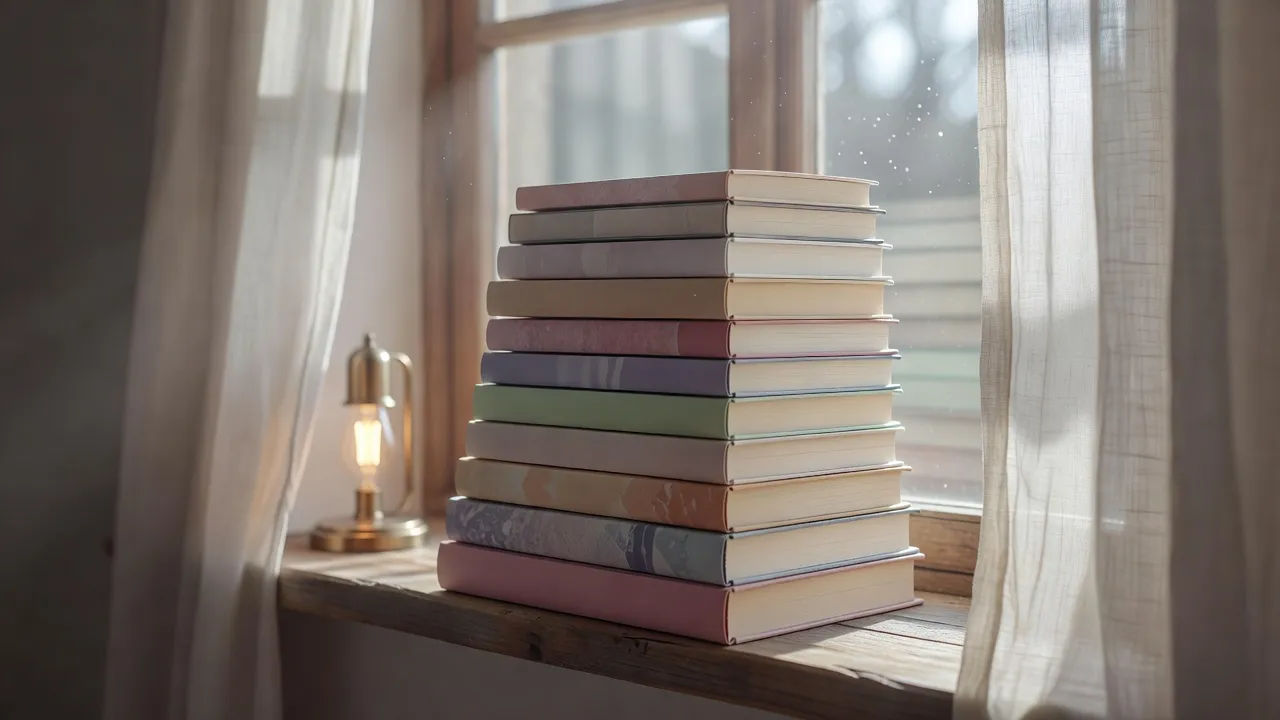 Stack of romance and YA novels by a window