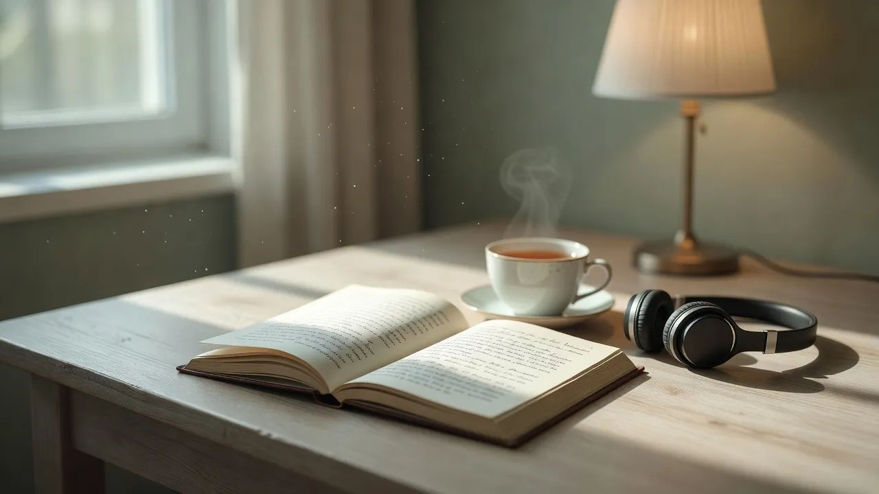 Manuscript pages beside a cup of tea and headphones