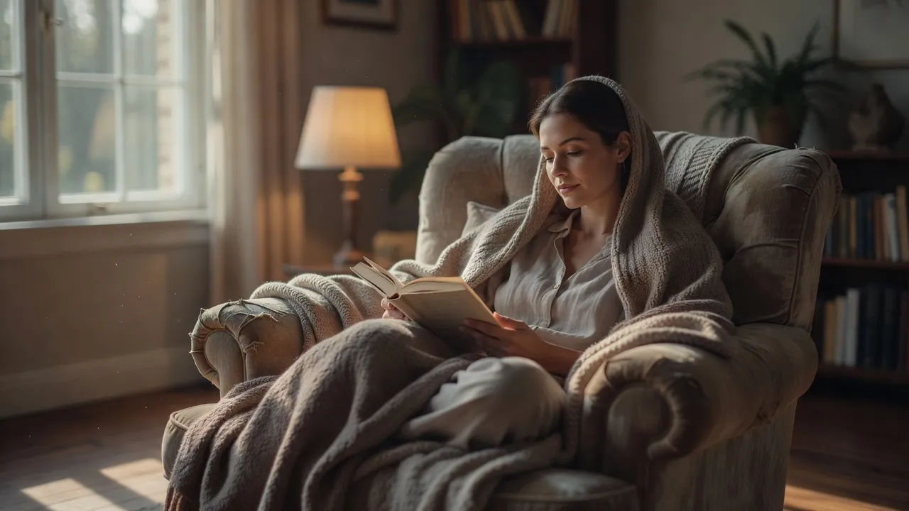 Reader curled in an armchair with an open novel