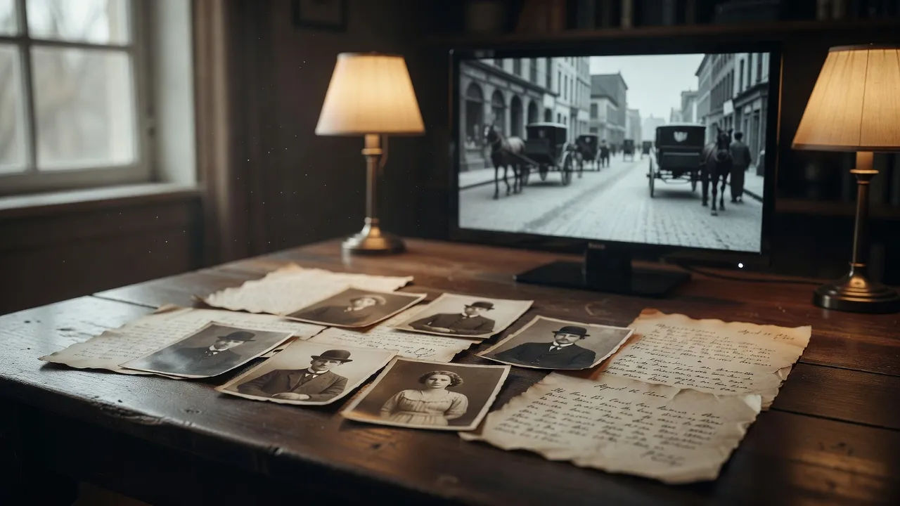 Sepia archival photographs spread across a table