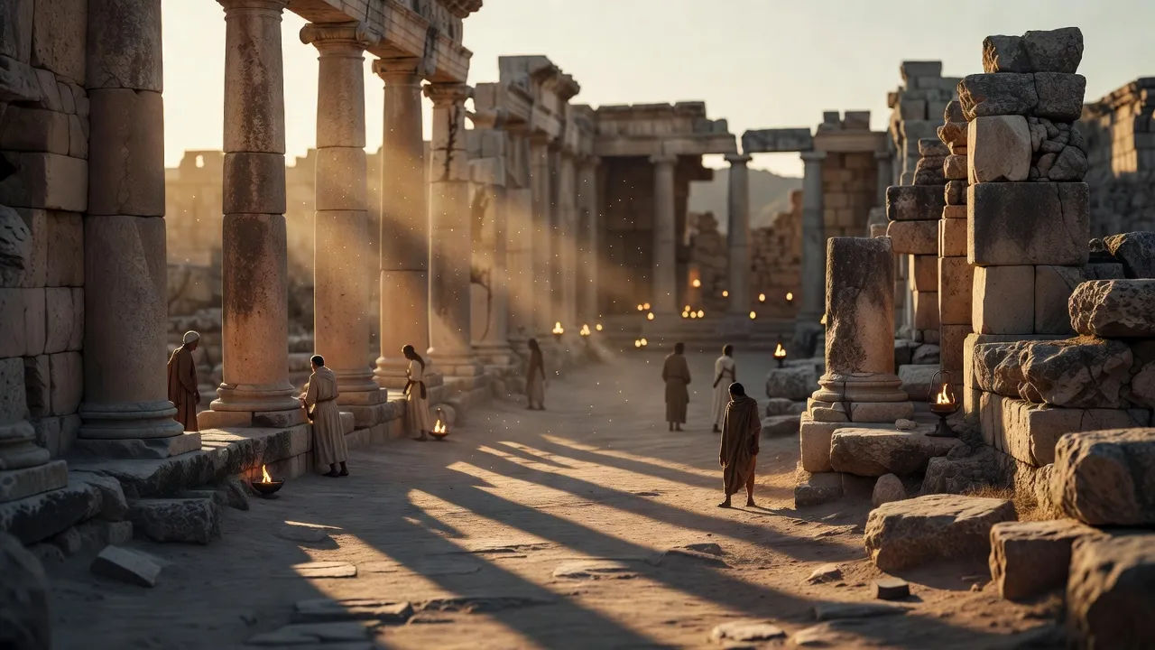 Ancient ruins lit by late afternoon sun