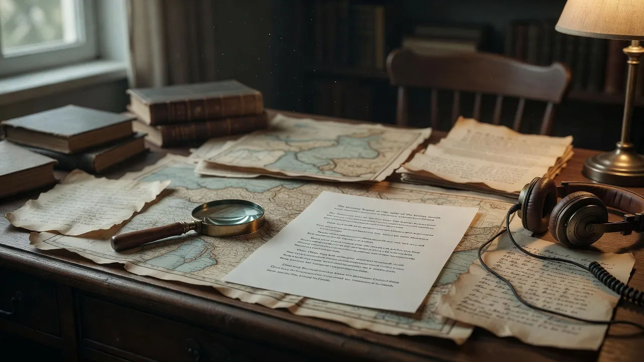 Narration script beside old maps and documents