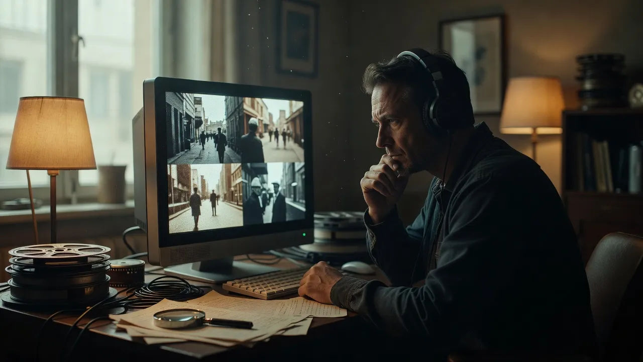 Editor reviewing archival footage with narration in headphones