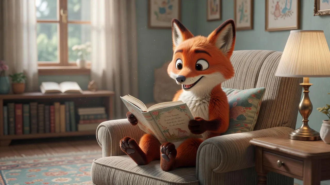 Friendly cartoon fox reading a storybook