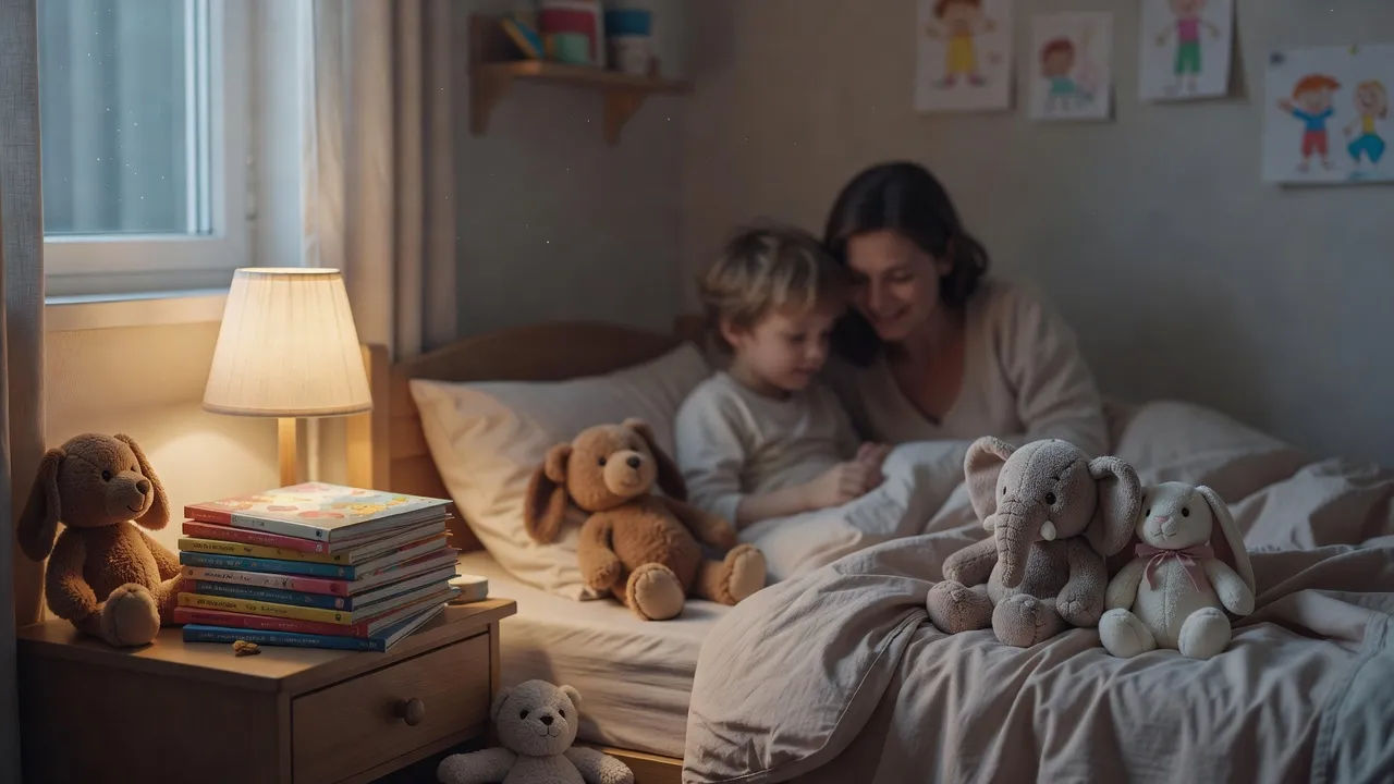 Cozy child bedroom with a stack of picture books