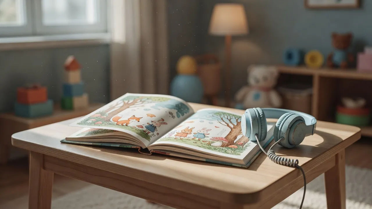 Open picture book beside small headphones