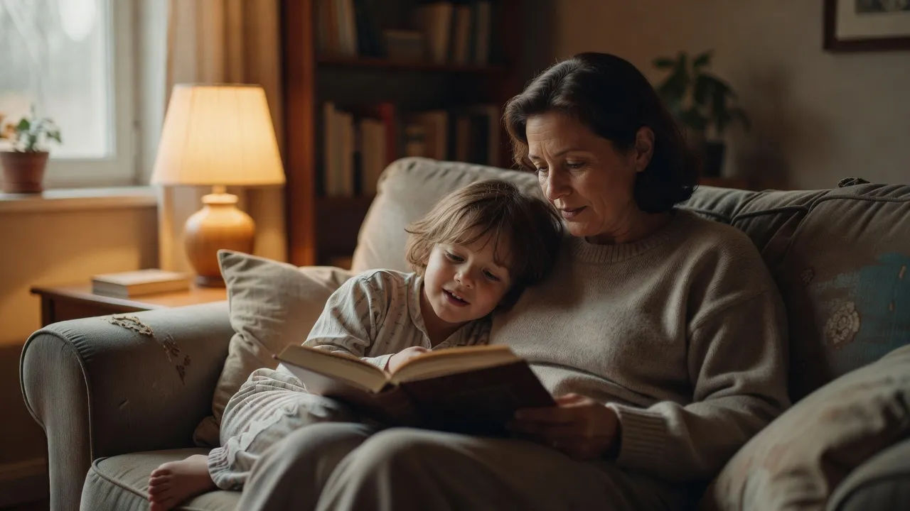 Parent and child listening to a story together