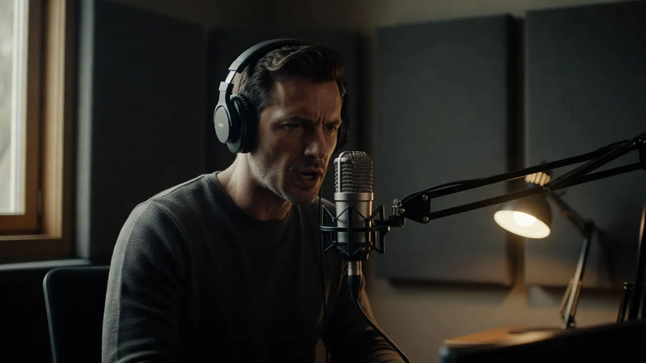 Male narrator reading at a studio microphone