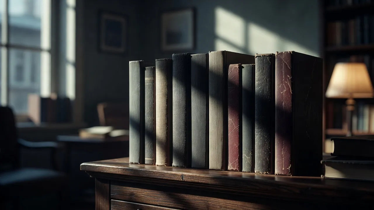 Hardback thriller novels on a dark wooden shelf