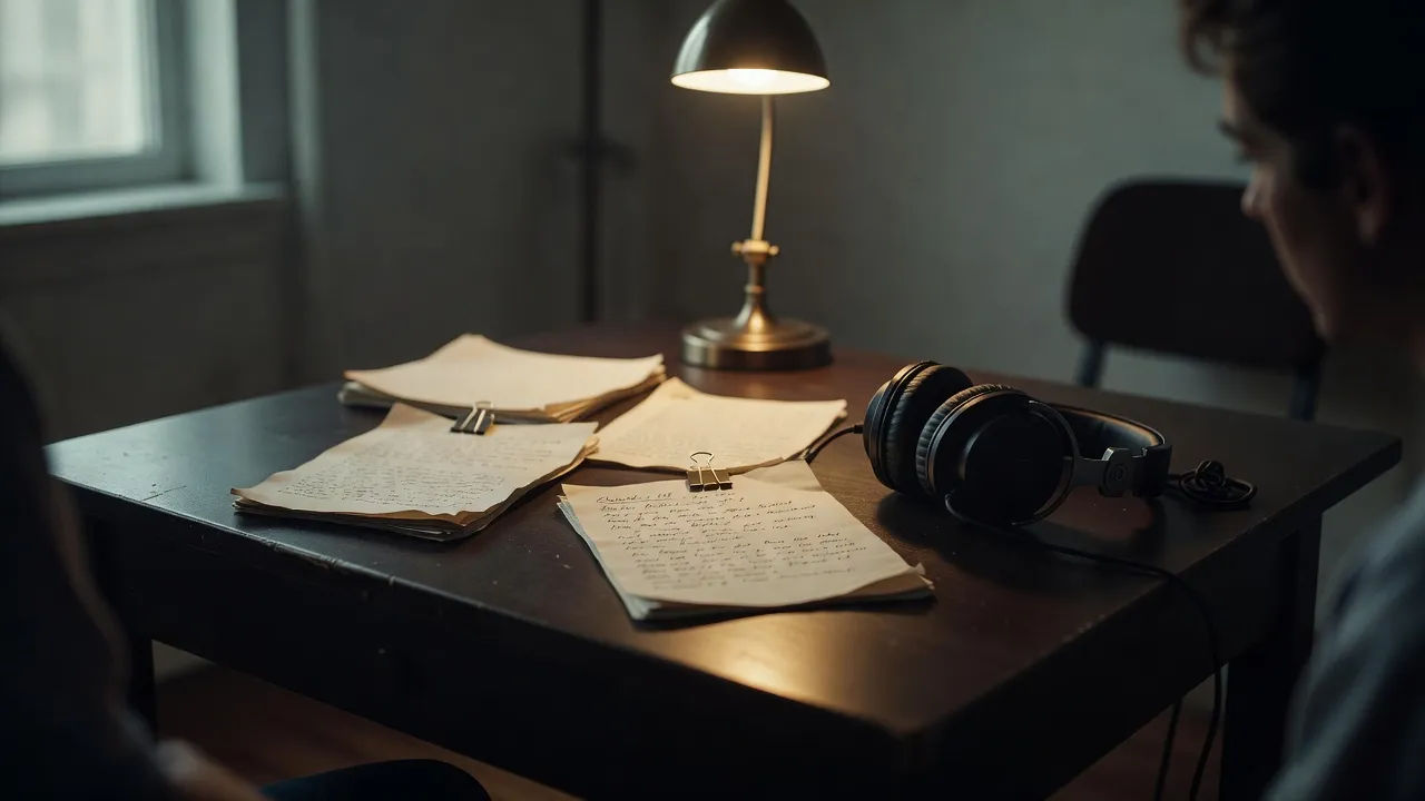 Manuscript pages beside studio headphones