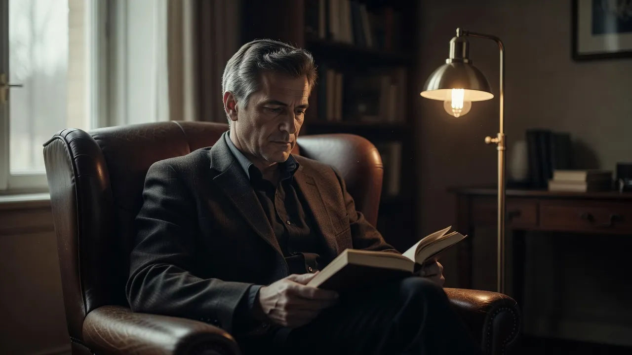 Reader in a leather chair with an open novel