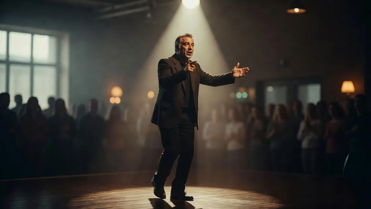 Speaker on a stage under a single spotlight