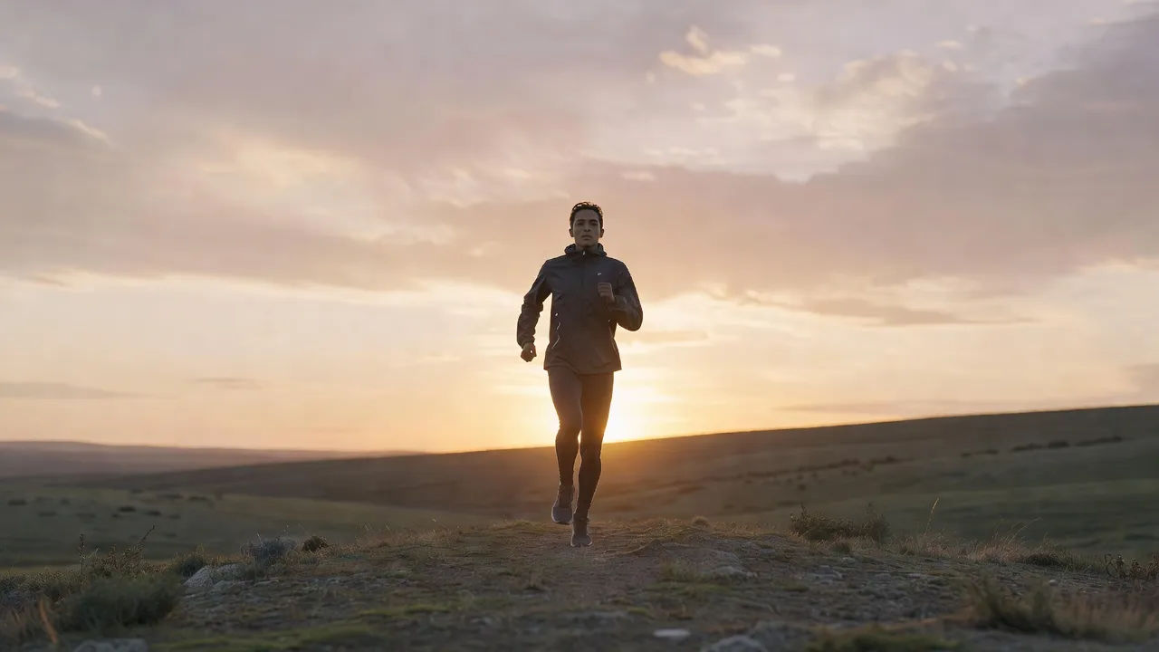 Runner cresting a hill at sunrise