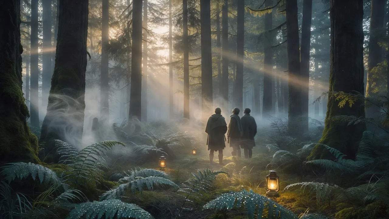 Misty forest at dawn with sunlight through the trees