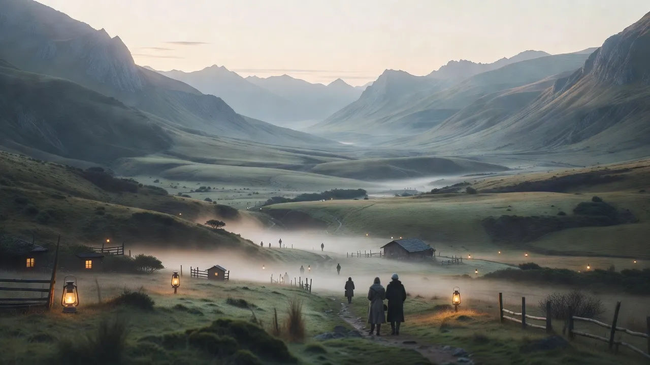 Sweeping mountain valley under soft morning light