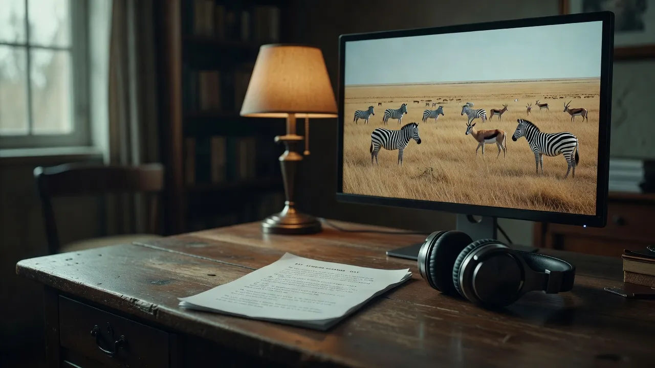 Narration script beside footage of grazing wildlife