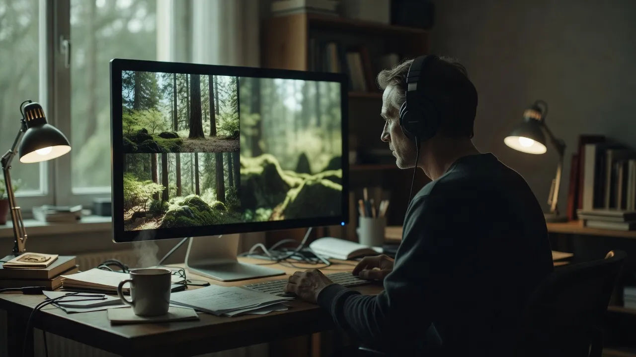 Editor reviewing nature footage with narration in headphones