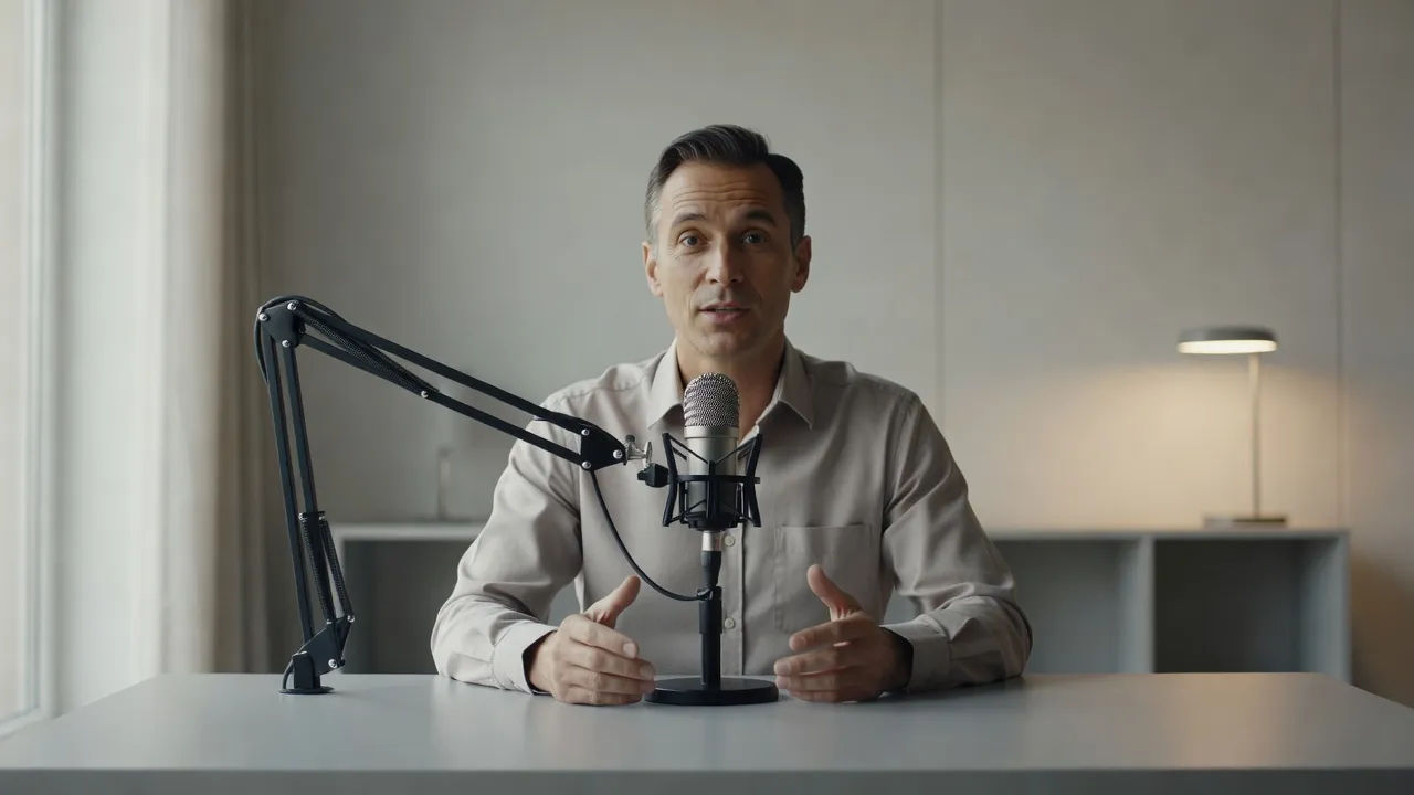 Non-fiction narrator presenting at a microphone