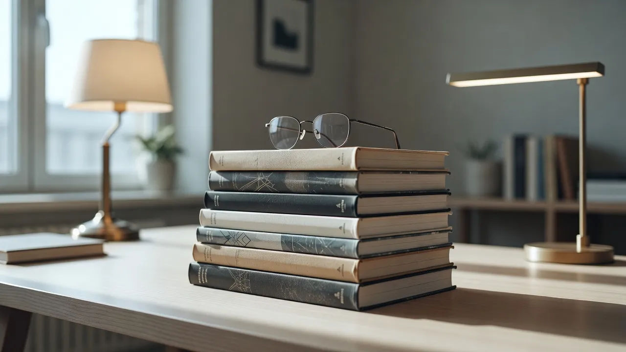 Business and self-help books arranged on a clean desk