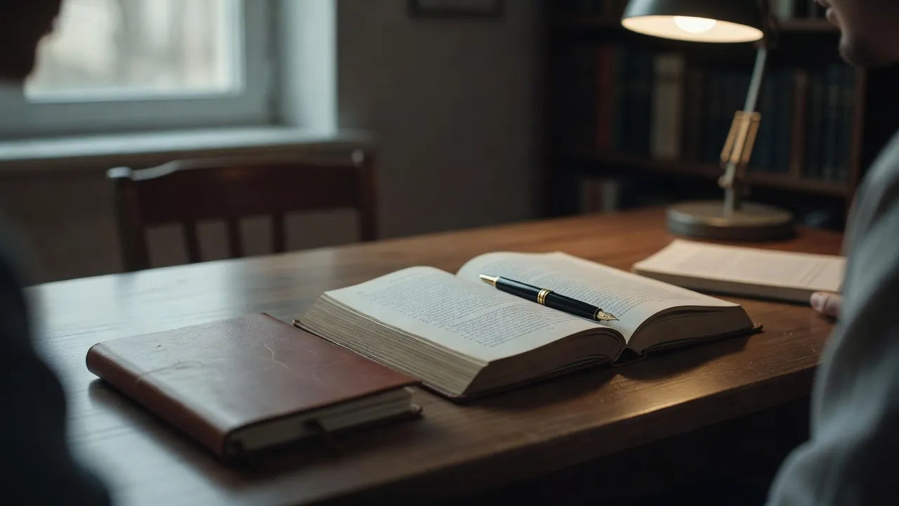 Open nonfiction book with notes and a pen