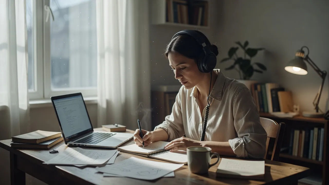Listener taking notes while an audio course plays