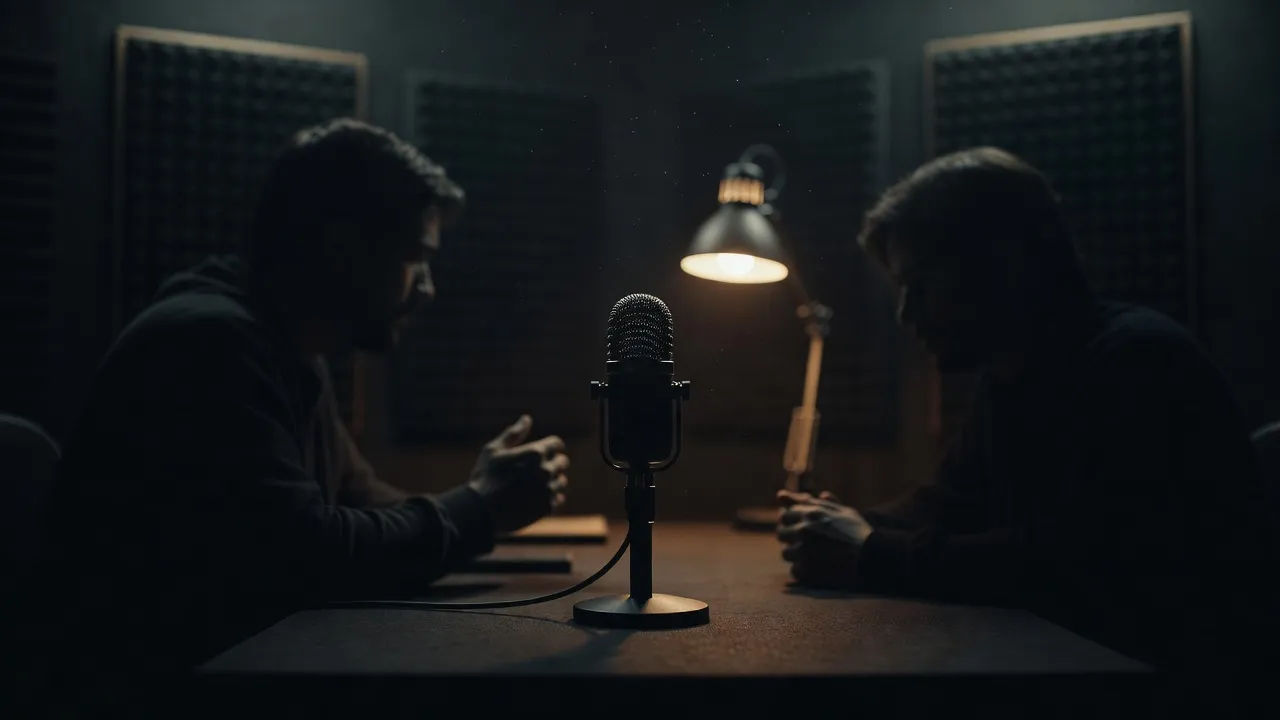 Microphone in a darkened podcast studio