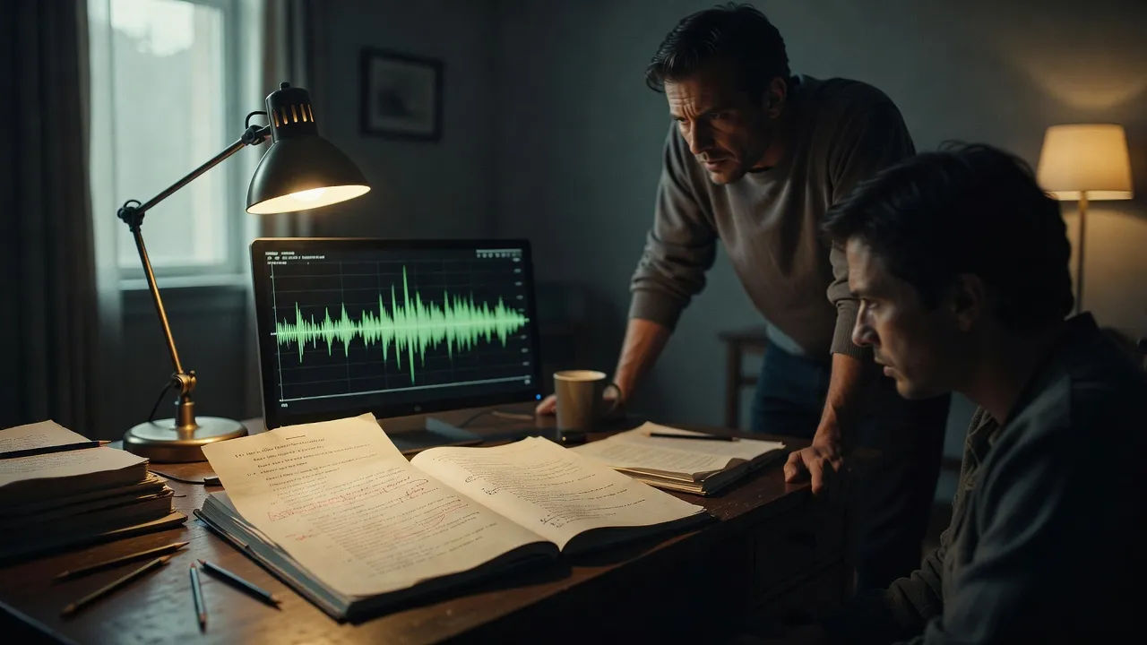 Script pages marked up beside an audio waveform