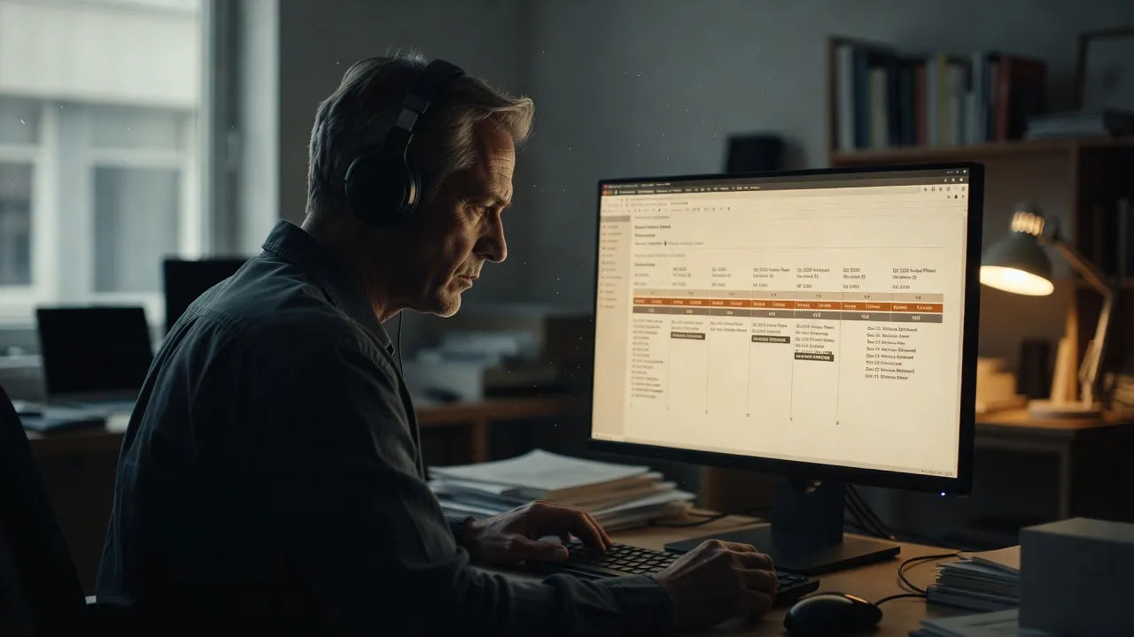 Editor reviewing a timeline with narration in headphones