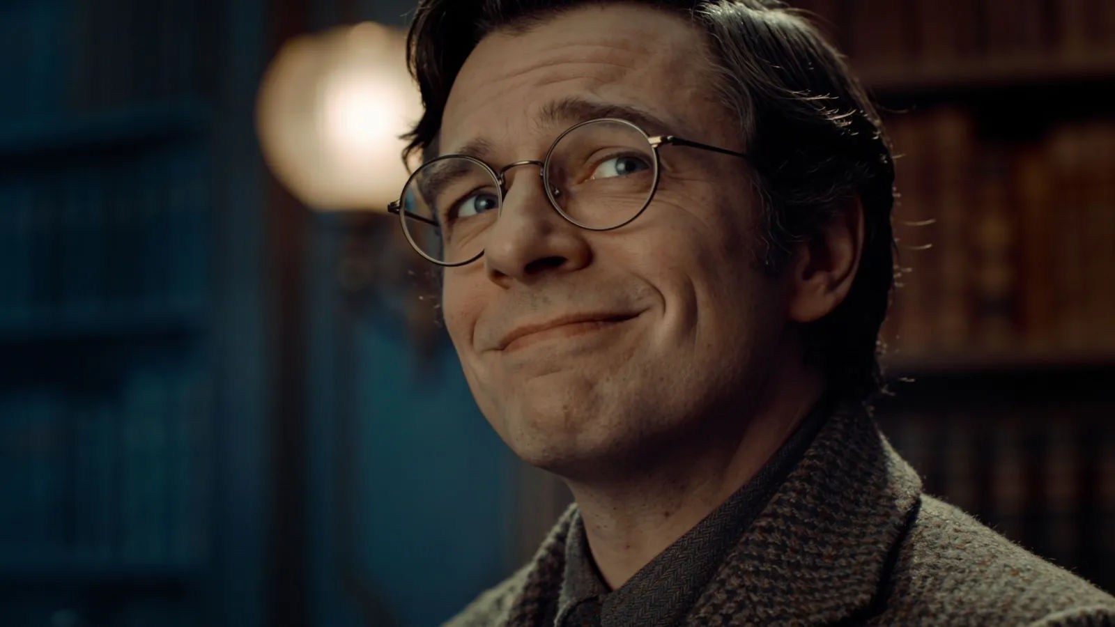 Smug scholar with raised eyebrow and glasses, portrait