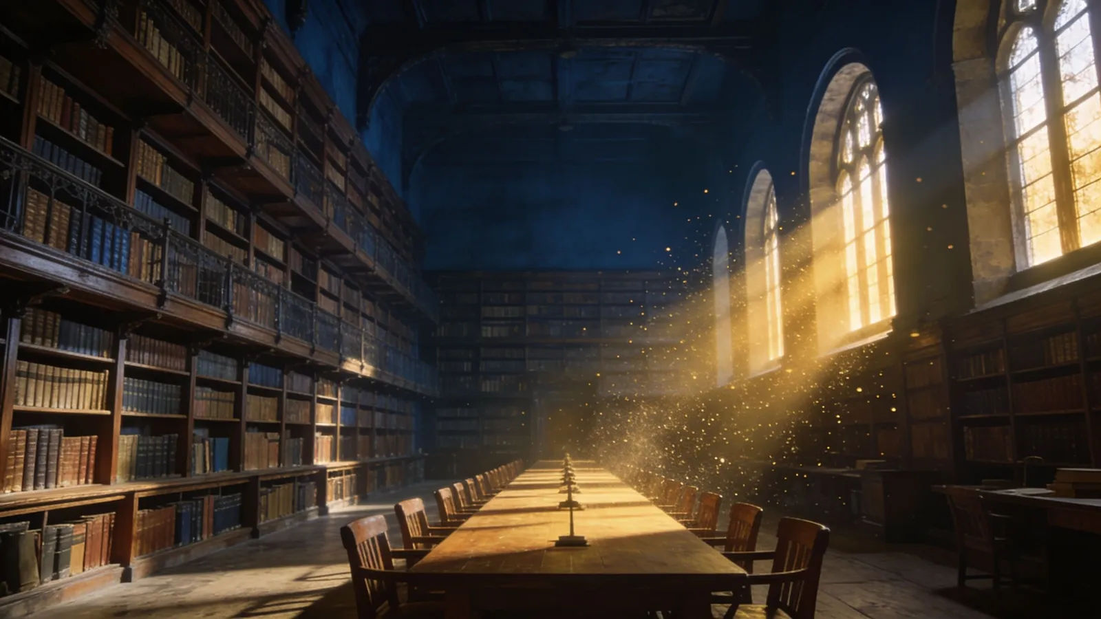 Grand old library hall with towering shelves and light shafts
