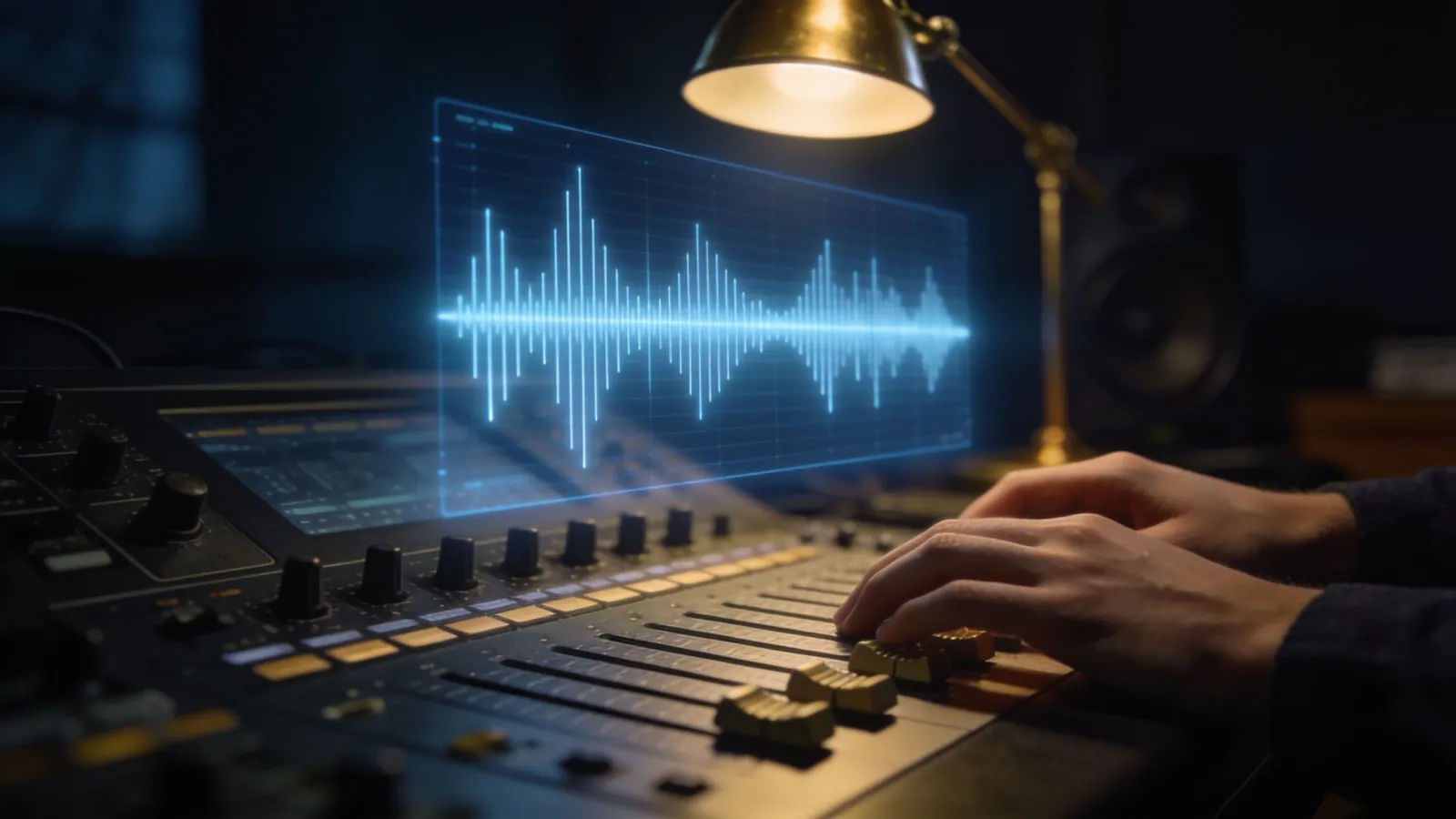 Hands poised over refined console with orderly waveform